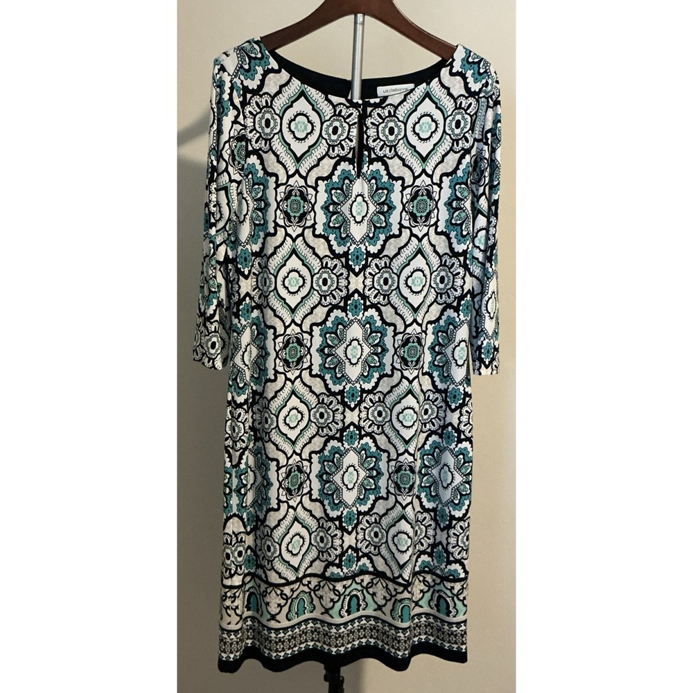 Liz Claiborne Womens 3/4 Sleeve Sheath Dress‎ White Blue Multi Sz L